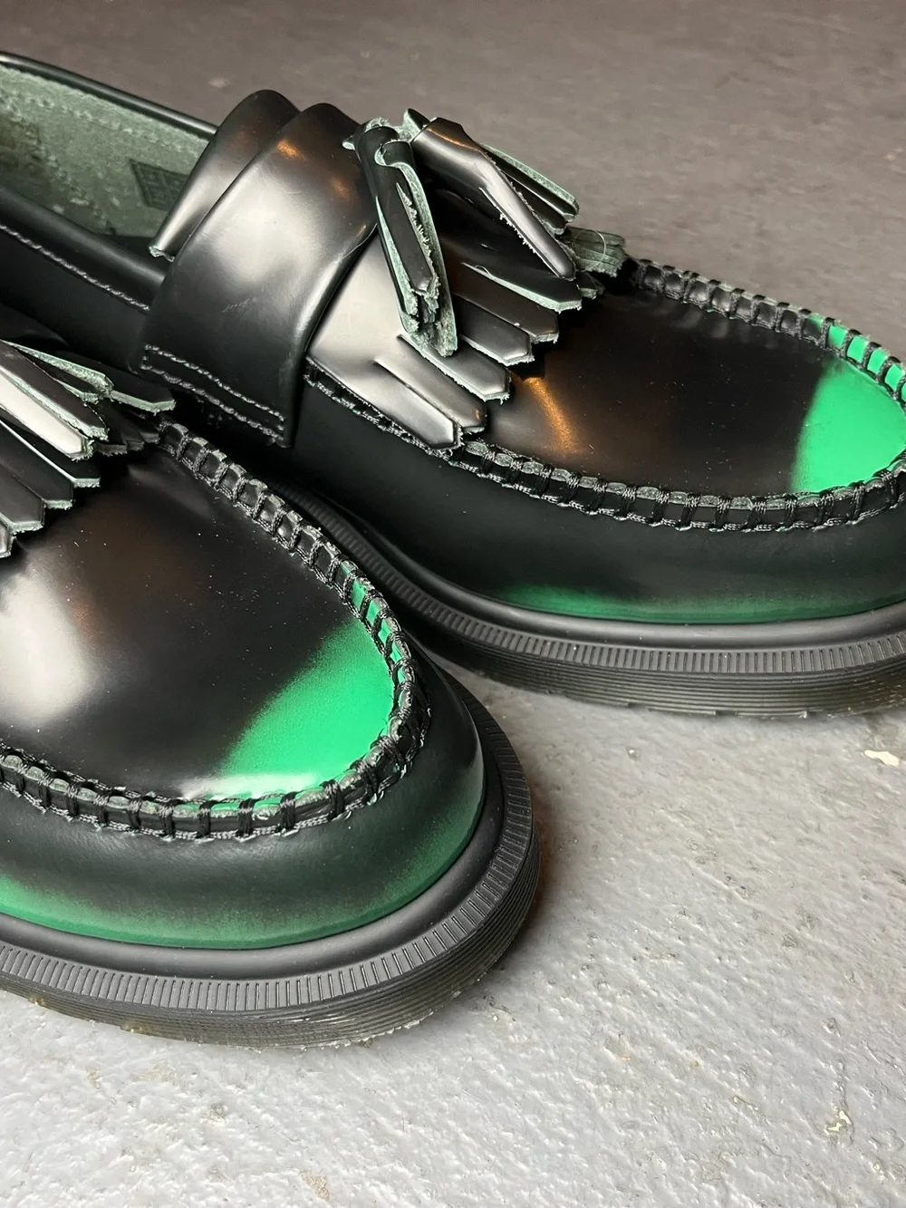 Dr. Martens Black Loafers with Green Toe Accent and Tassels